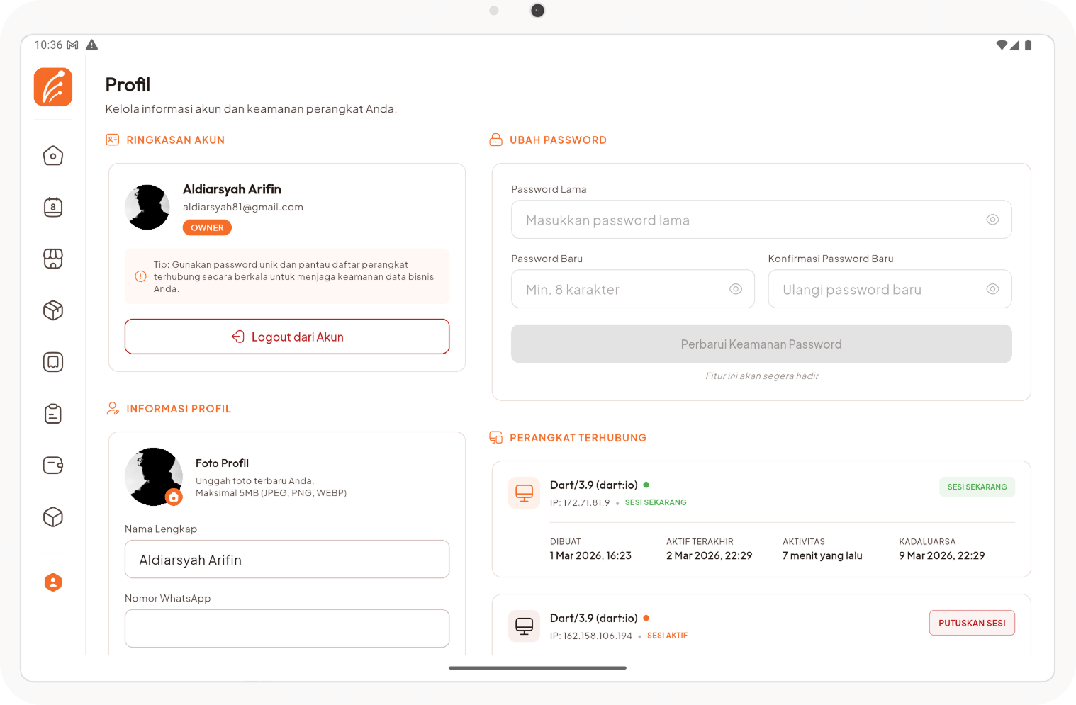 Tampilan profil pengguna
